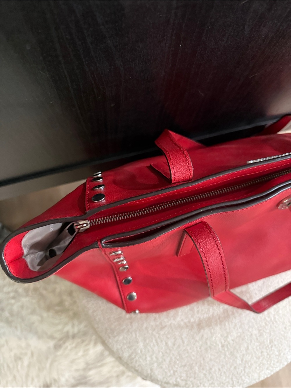 Michael Kors Red Studded Leather Tote Bag - Sleek Everyday Shoulder Bag - Picture 5 of 14